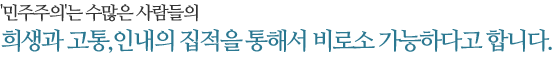 민주주의'는 수많은 사람들의 희생과 고통,인내의 집적을 통해서 비로소 가능하다고 합니다.